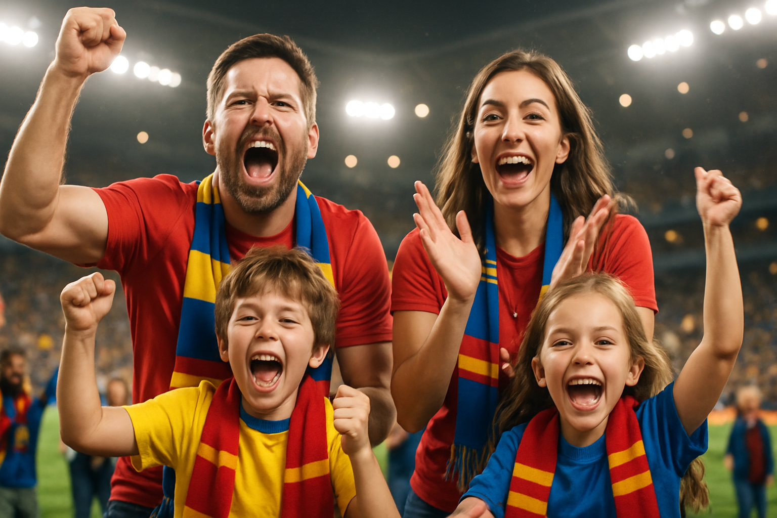 a photorealistic image of a family super cheering for a soccer game