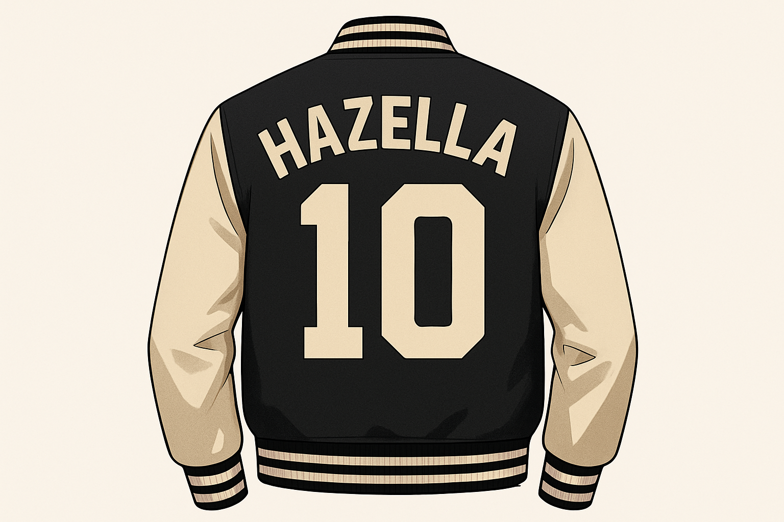 an illustration featuring the back side of a varsity jacket with a name and number on it like on soccer jerseys