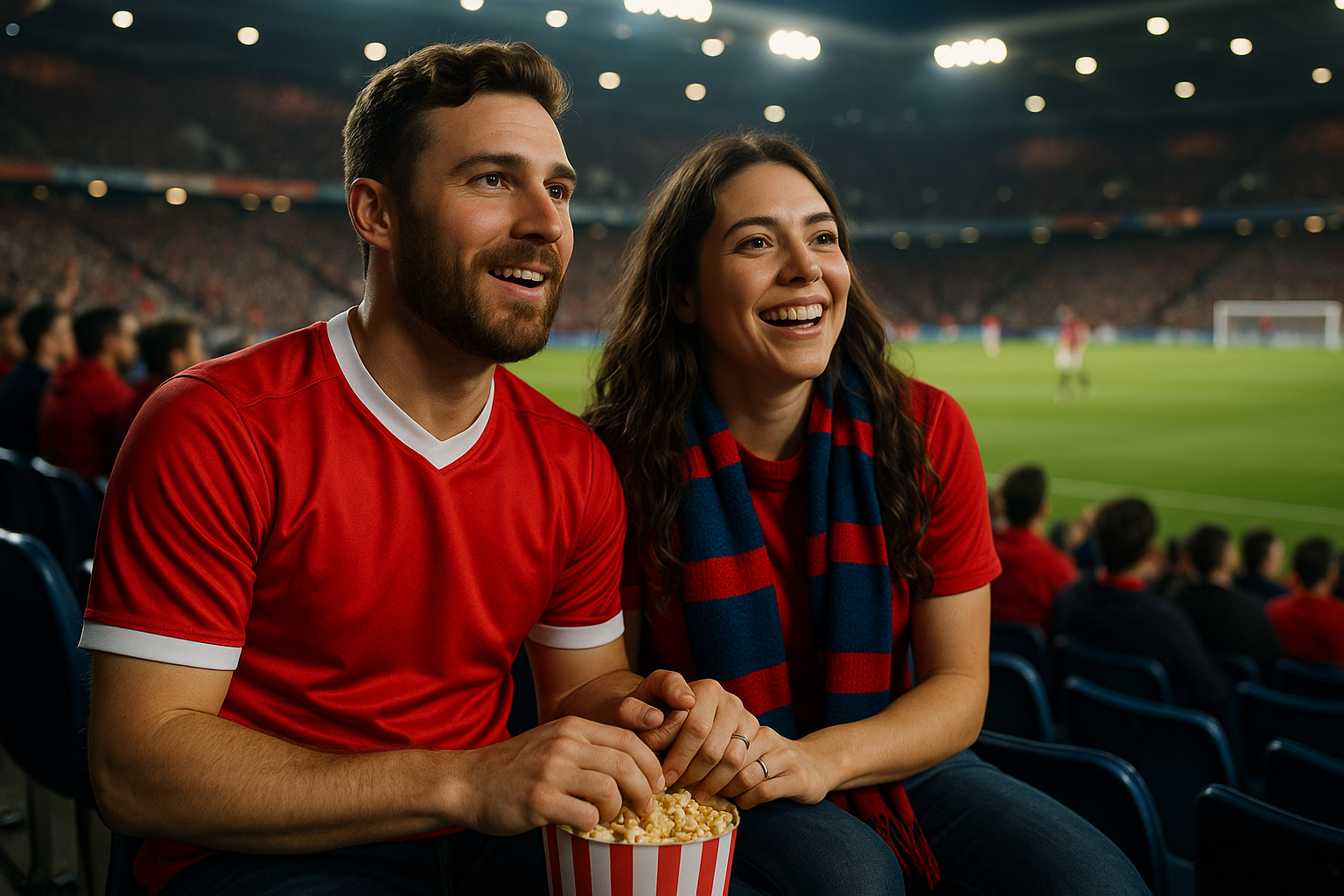 photorealistic image of a couple wathing a soccer game